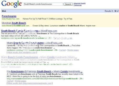 Google search results for South Beach condo foreclosures