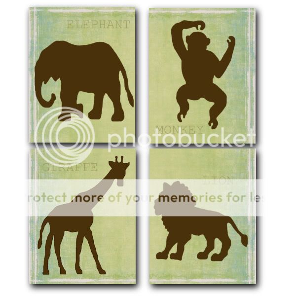 Jungle Elephant Giraffe Monkey silhouette nursery art G  