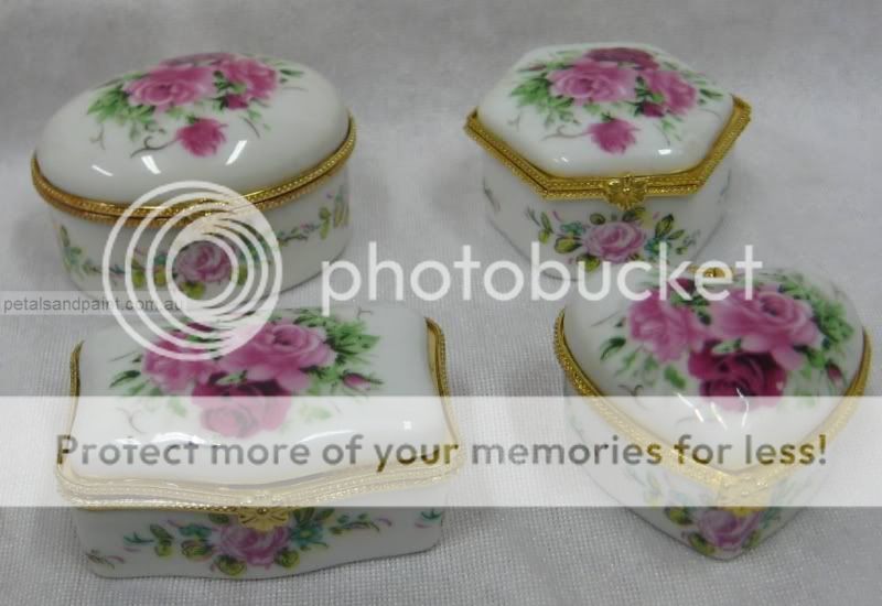 Rose & Flower Porcelain Trinket Box Boxes With Hinged Lids & Gold 