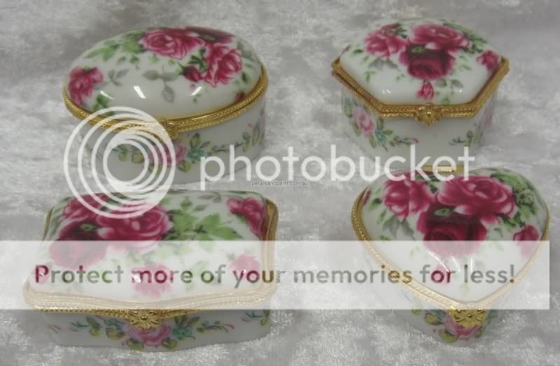 Rose & Flower Porcelain Trinket Box Boxes With Hinged Lids & Gold 